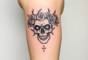 ornate skull adorned with crown of wild roses and thorns tattoo idea