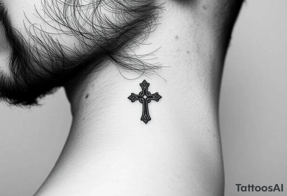 orthodox christian cross relatively small on side of left neck tattoo idea