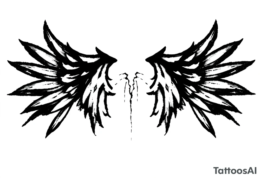This tattoo design features a pair of stylized wings drawn in black ink with a sketch-like, abstract aesthetic. The wings are composed of sharp, angular feathers with jagged edges, giving them a rough, almost tribal or gothic appearance. The shading is done with a mix of soft gradients and stippling, adding depth and texture to the design. The center where the wings meet is fragmented, with thin lines extending downward, creating a sense of movement and raw energy. This design would make for a bold and edgy tattoo, symbolizing freedom, strength, or a rebellious spirit. tattoo idea