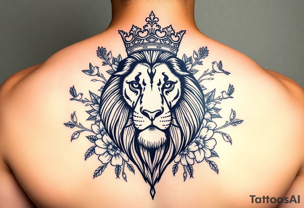 powerful majestic lion with a crown, surrounded by floral ornaments and birds tattoo idea