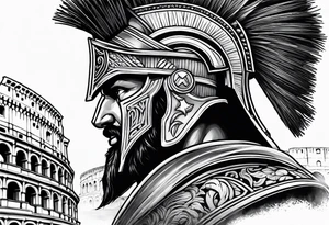 Side profile of spartan soilder with Rome Pantheon and colosseum in background tattoo idea