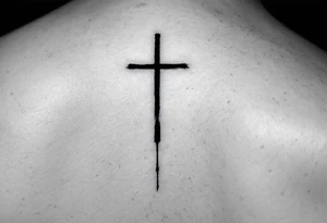 A black ink cross under a man's left eye, detailed with shadows on man face under a man’s right eye. tattoo idea