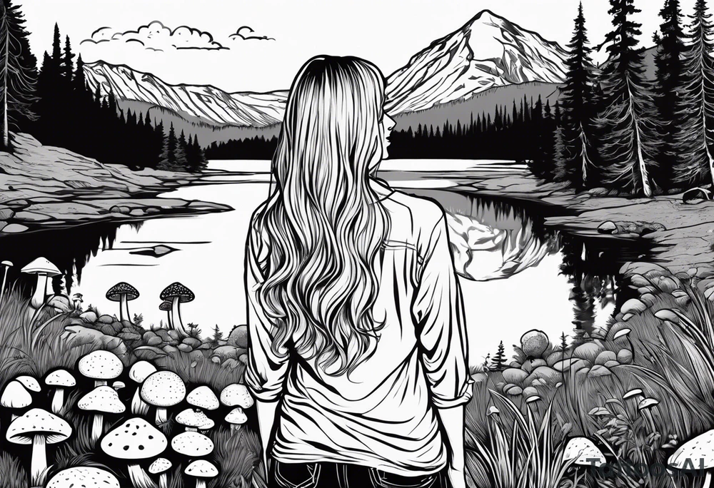 Whole picture encircled fully

Straight long blonde hair hippie girl in distance holding mushrooms in hand facing away toward mountains and creek surrounded by mushrooms long sleeve shirt and hiking pants; whole rendering within a full circle, no cut off circle tattoo idea