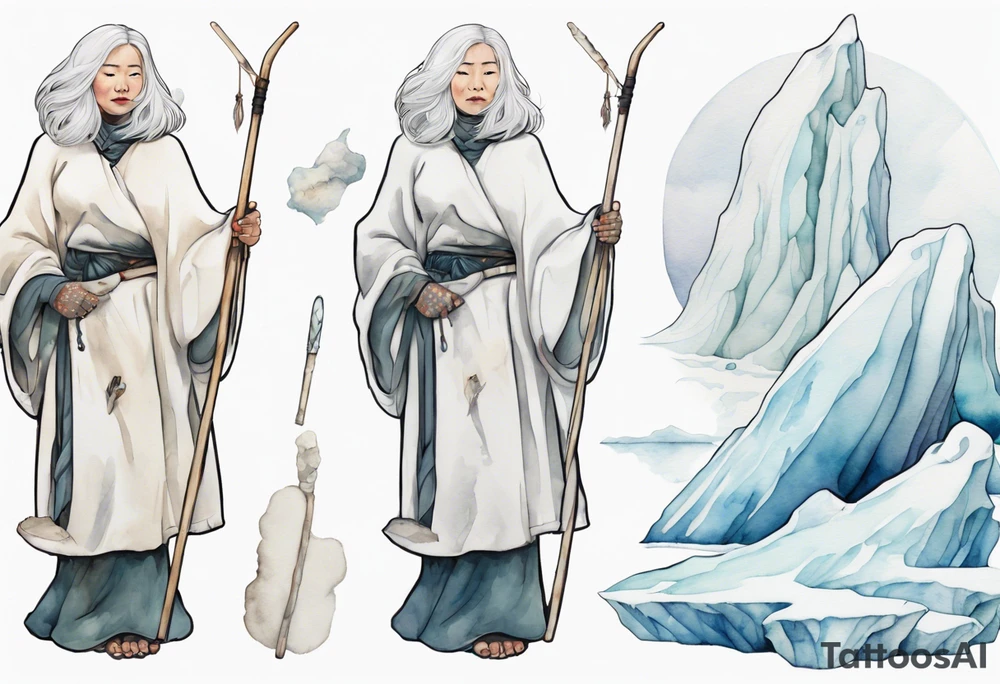 a 40 year old Inuit woman with white hair and a white robe and white mittens holding a plain white staff, standing on an iceberg tattoo idea