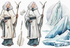 a 40 year old Inuit woman with white hair and a white robe and white mittens holding a plain white staff, standing on an iceberg tattoo idea