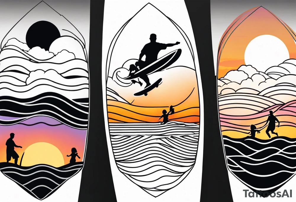 Black and white minimalist Line work tattoo depicting a father surfing with his two daughters.  The sunset and horizon have musical notes. tattoo idea