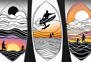 Black and white minimalist Line work tattoo depicting a father surfing with his two daughters.  The sunset and horizon have musical notes. tattoo idea