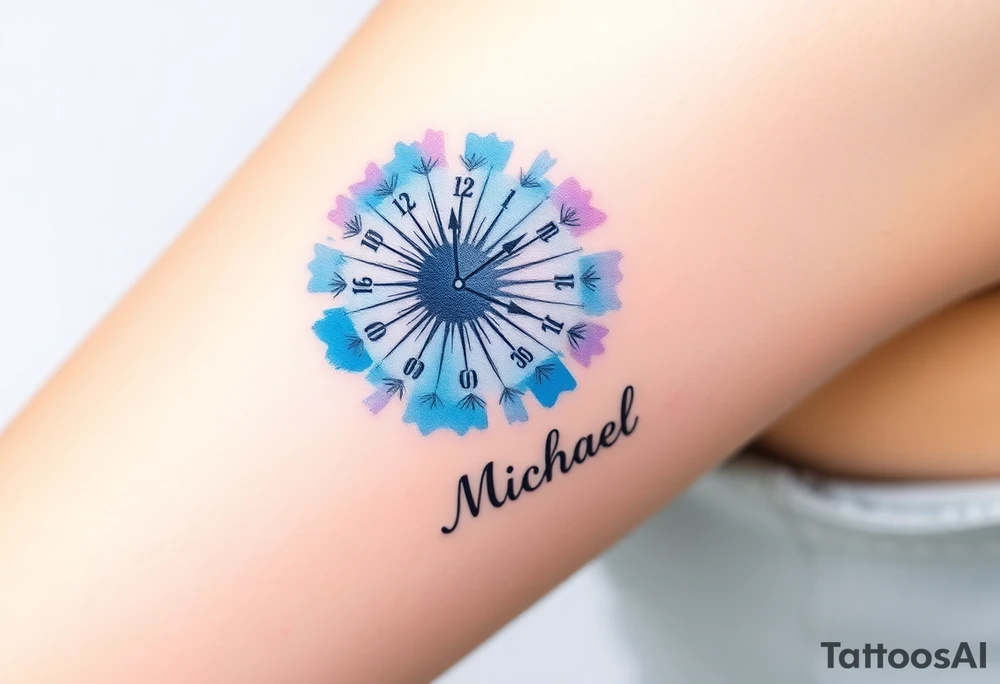 A watercolor-styled dandelion styled as a clock with date 13. 07. 2019 and name "Michael", representing fleeting time and new beginnings, in pastel blues and purples tattoo idea