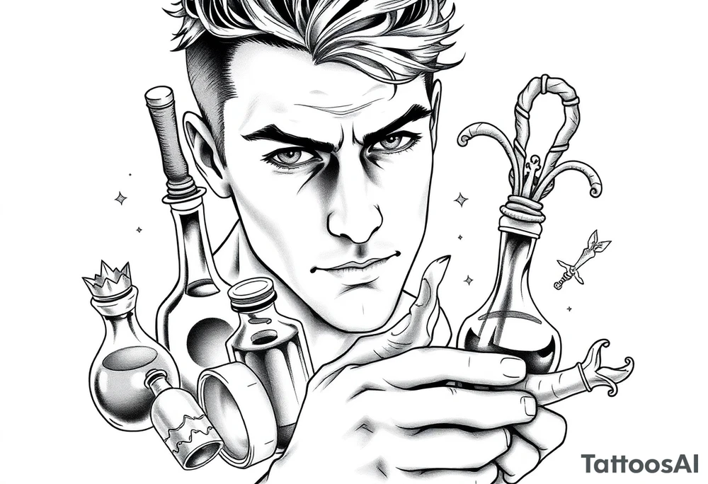 Handsome young adult guy is accidentally stumbled upon witch tools, supplies, artifacts, potions tattoo idea