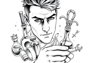 Handsome young adult guy is  accidentally stumbled upon witch tools, supplies, artifacts, potions tattoo idea