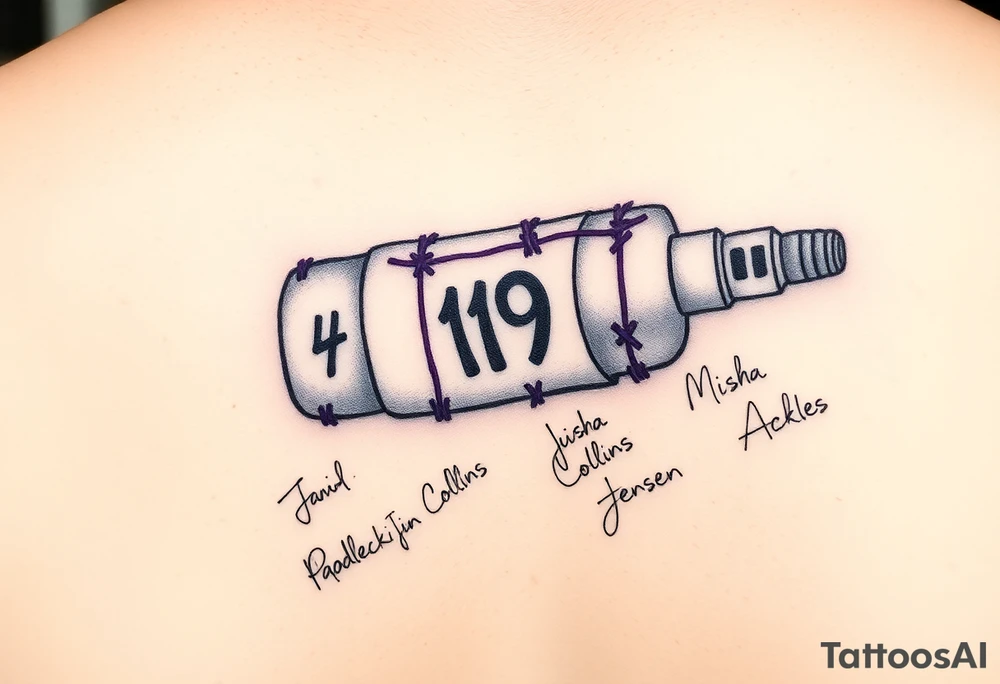 A wireless, white microphone with purple stitches holding it together all over. On the mouth part is the number 19. On the part where someone would hold the microphone is the autographs of Jared Padalecki, Misha Collins and Jensen Ackles tattoo idea