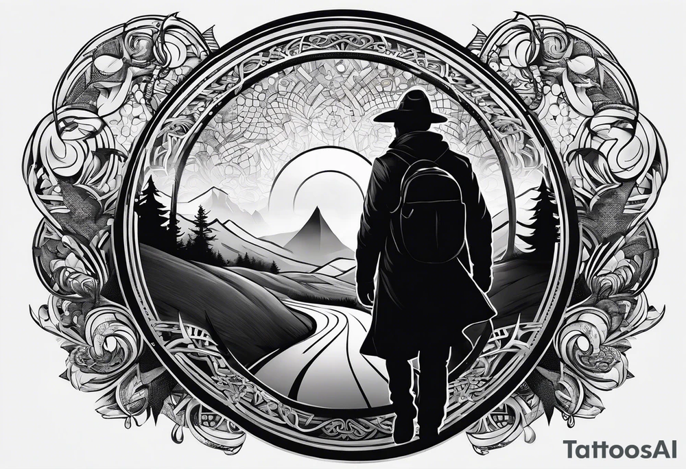 a shil man on a road that is less traveled with "Hark" in a banner with a circular design tattoo idea