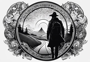 a shil man on a road that is less traveled with "Hark" in a banner with a circular design tattoo idea