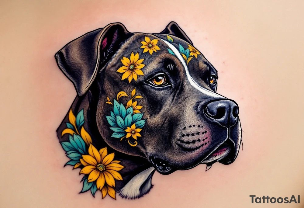Neo-traditional pitbull head, exaggerated features, bold black outlines, chocolate fur with turquoise and mustard yellow floral accents. tattoo idea