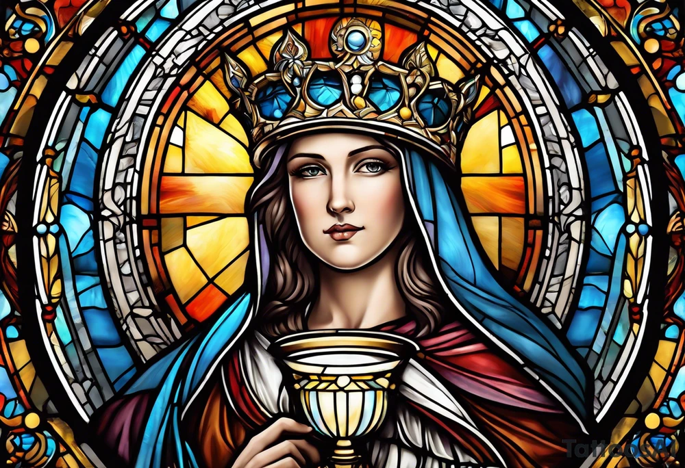 holy saint woman with halo stained glass holding a chalice with artillery tattoo idea