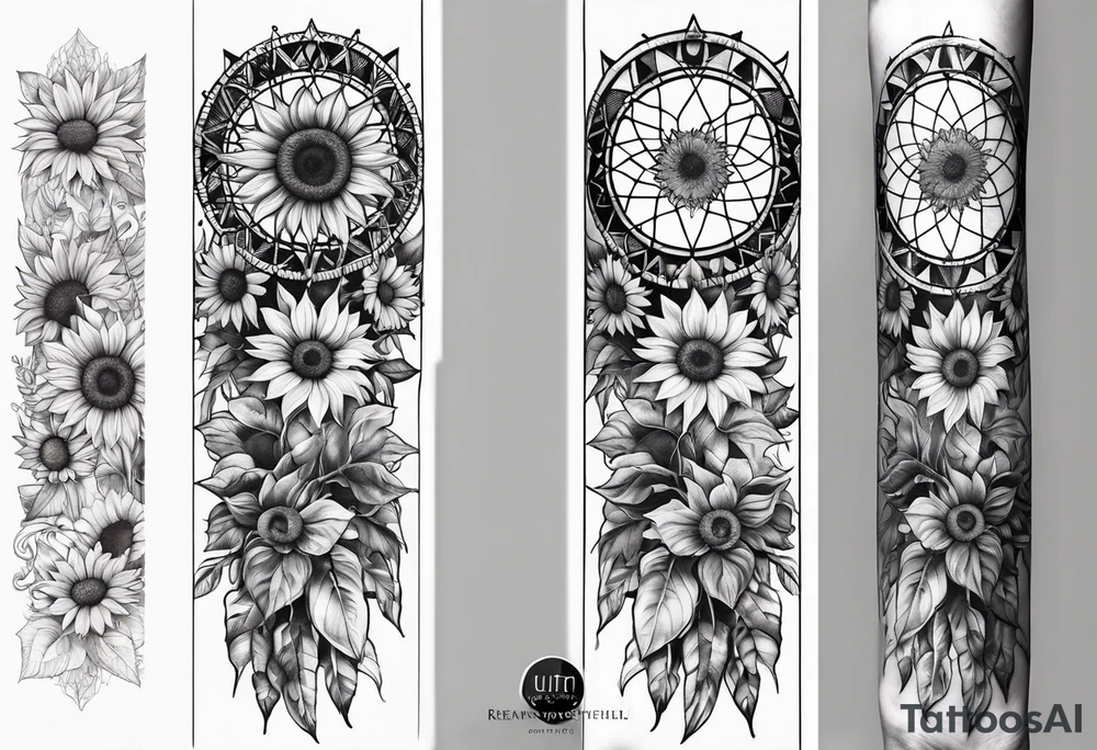 Dreamcatcher and sunflowers forearm sleeve tattoo idea