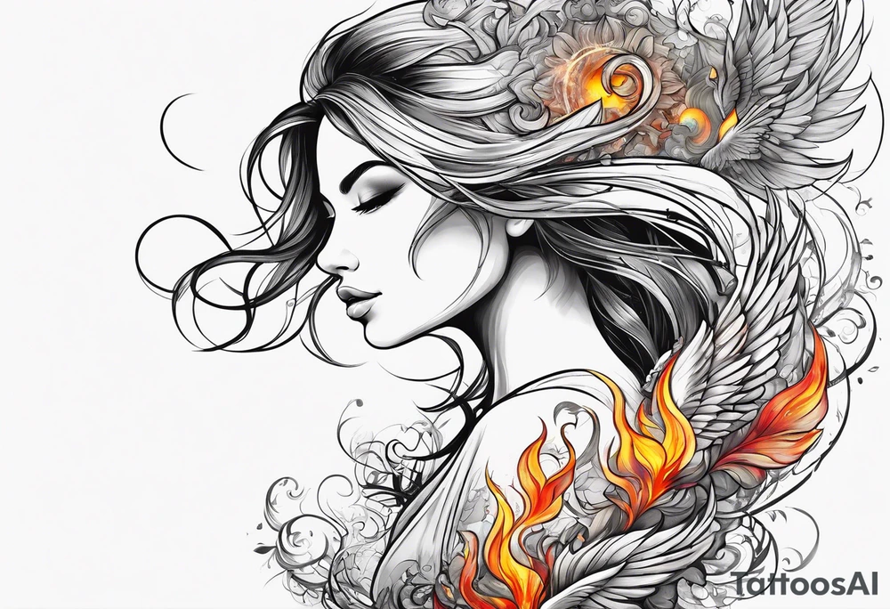Resurrection strength and courage Beautiful Woman walking through fire and chaos to inner peace and self-love  ethereal tattoo idea