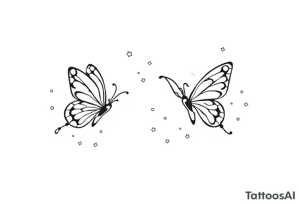 Simple outline of flying butterflies with lots of sparkles and bubbles tattoo idea