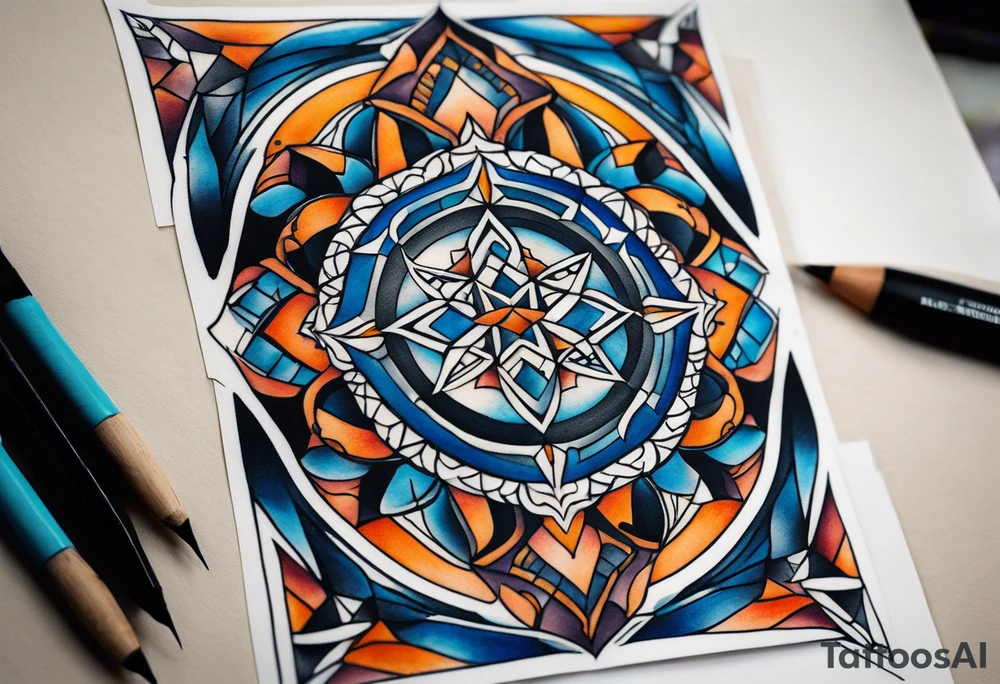 semi Detailed neo traditional knee tattoo flat on paper. The tattoo features geometric patterns and bold lines, creating a visually striking design with slight tints of deep fall colors. The background 
outside the tattoo features deep blues washes and water swirls tattoo idea