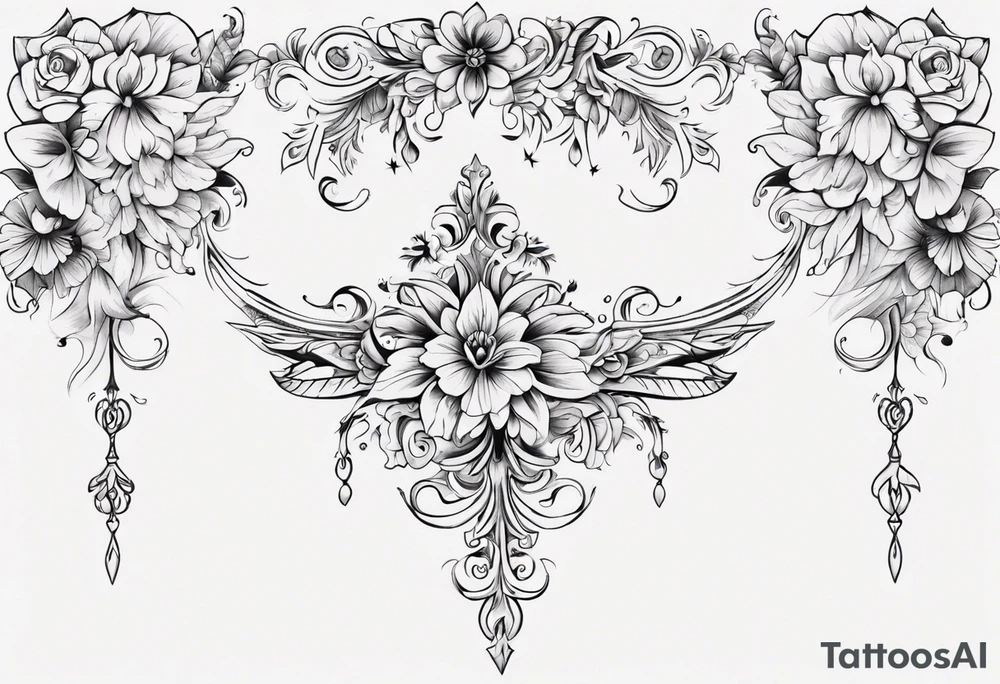 Black and white floral and ornamental style tattoo which will wrap around ankle horizontally tattoo idea