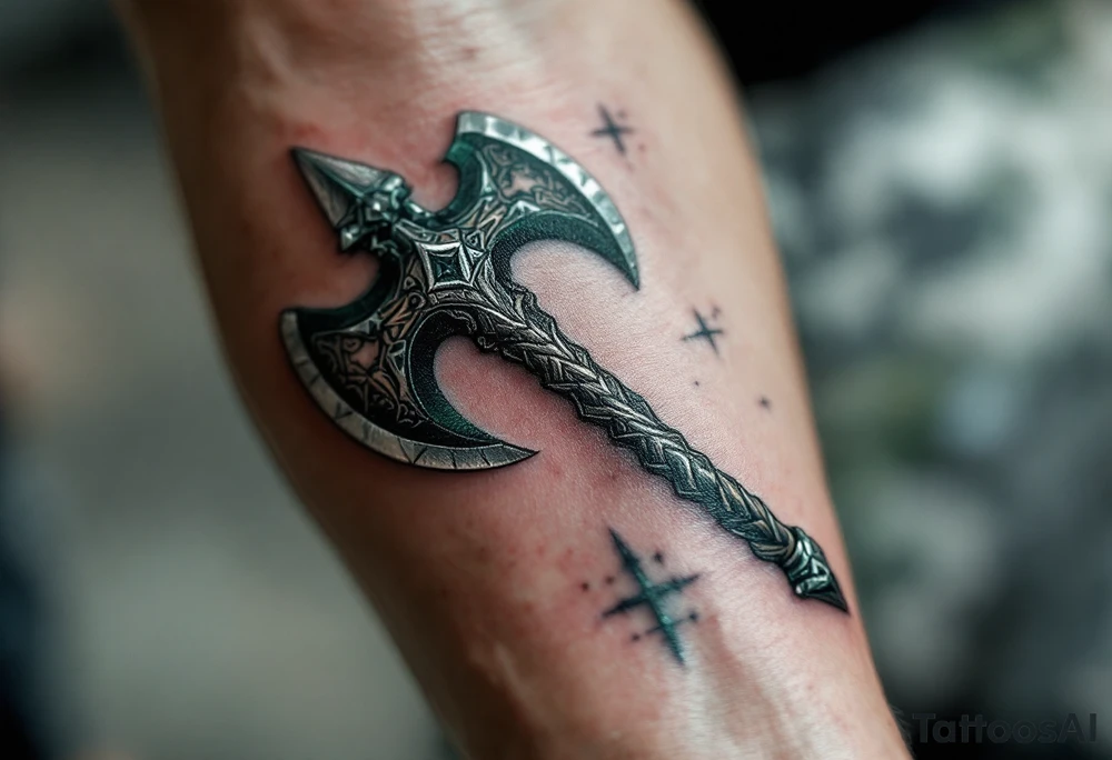 A dark green Perun's axe tattoo with carved wooden textures and silver highlights, symbolizing strength and masculine protection. tattoo idea
