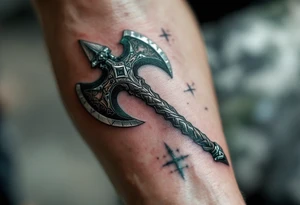 A dark green Perun's axe tattoo with carved wooden textures and silver highlights, symbolizing strength and masculine protection. tattoo idea