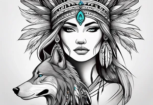 abstract organic line artwork woman, native american, wolf tattoo idea