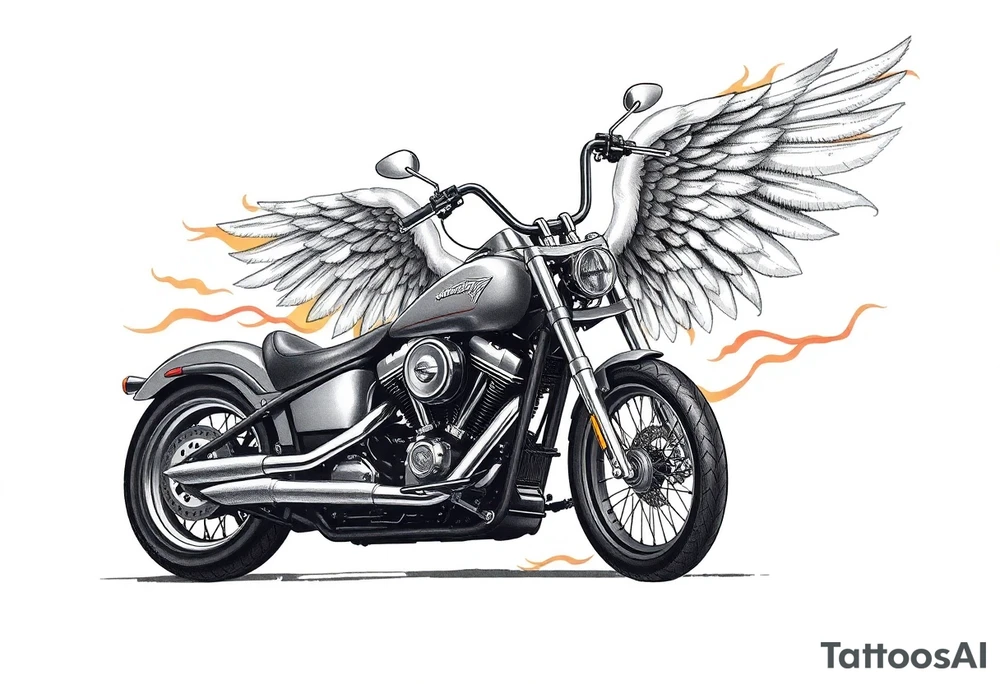 Harley grey motorcycle driving away, flames, angel wings tattoo idea