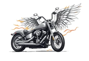 Harley grey motorcycle driving away, flames, angel wings tattoo idea
