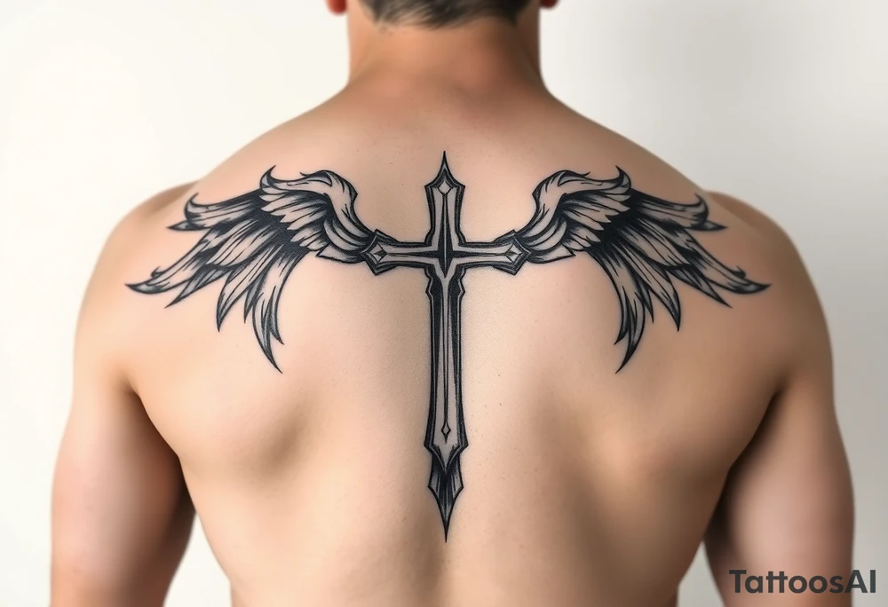 A Christian gangster inspired back tattoo with a cross in the middle tattoo idea