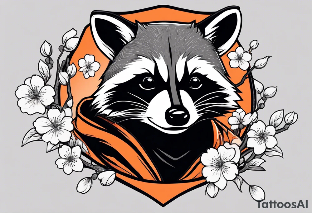 Raccoon wearing a white Superman logo on a black hoodie and orange Japanese cherry blossoms tattoo idea
