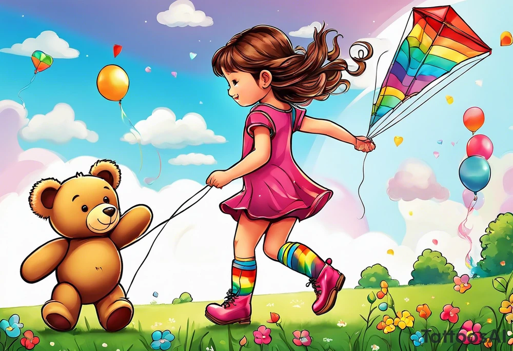 the image of a little girl facing away, flying a kite, with a teddy bear in rainbow boots with wheels tattoo idea