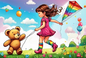 the image of a little girl facing away, flying a kite, with a teddy bear in rainbow boots with wheels tattoo idea