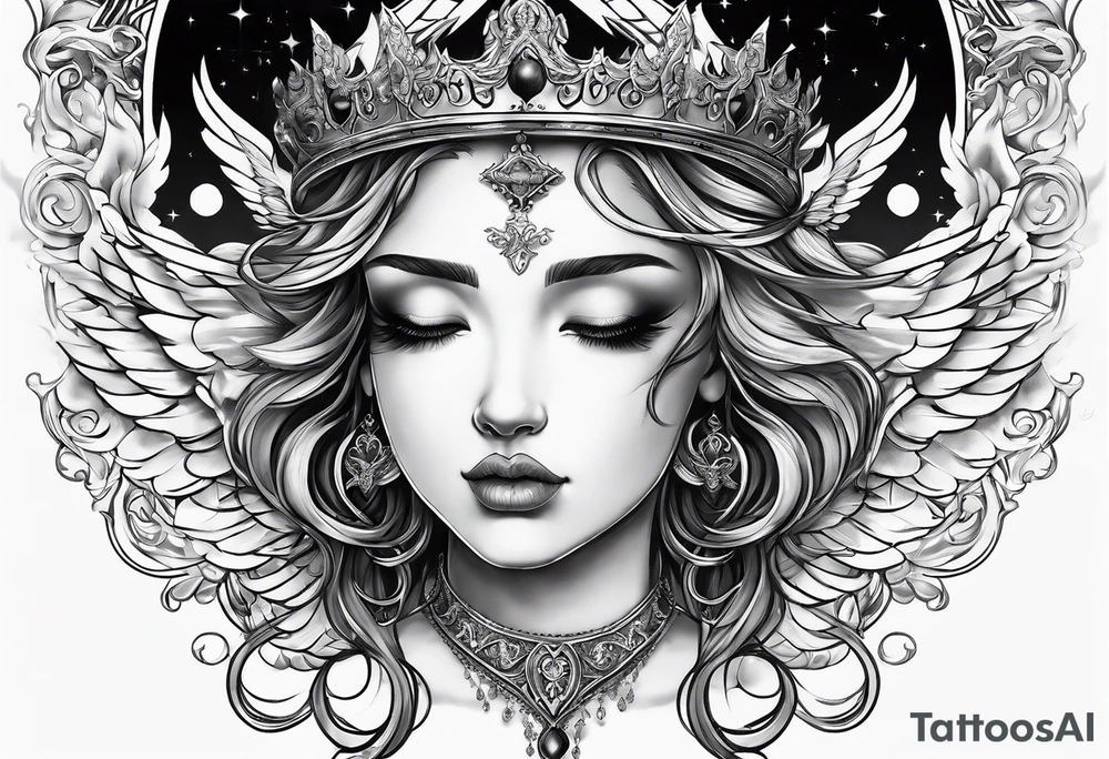 Neck tattoo angelic with a hint of space and god and clouds and crown tattoo idea