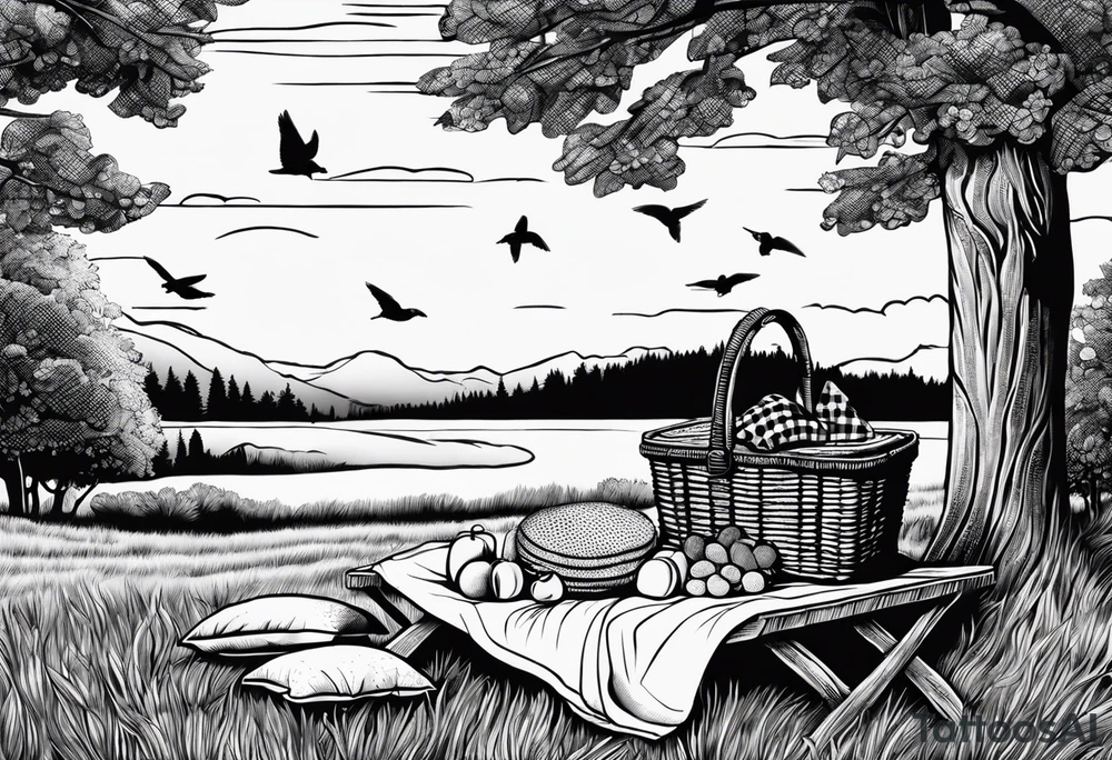 picnic scene in nature with a shecker blanket, a picnic basket and pillows. no food tattoo idea