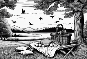 picnic scene in nature with a shecker blanket, a picnic basket and pillows. no food tattoo idea