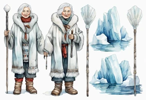 a middle aged Inuit woman with white hair, wearing mittens, wearing a white cloak, holding a white staff, wearing mukluks, standing on an iceberg in the sea tattoo idea