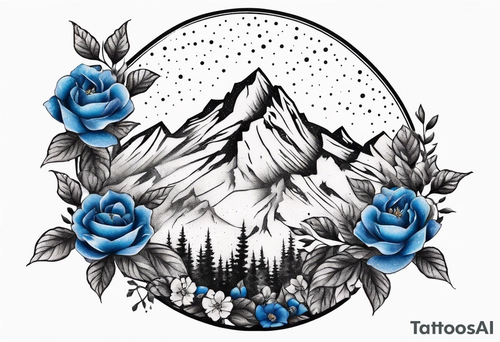 Rocky mountain peak with mountain blue birds flying around and wild prairie roses around tattoo idea