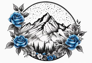 Rocky mountain peak with mountain blue birds flying around and wild prairie roses around tattoo idea