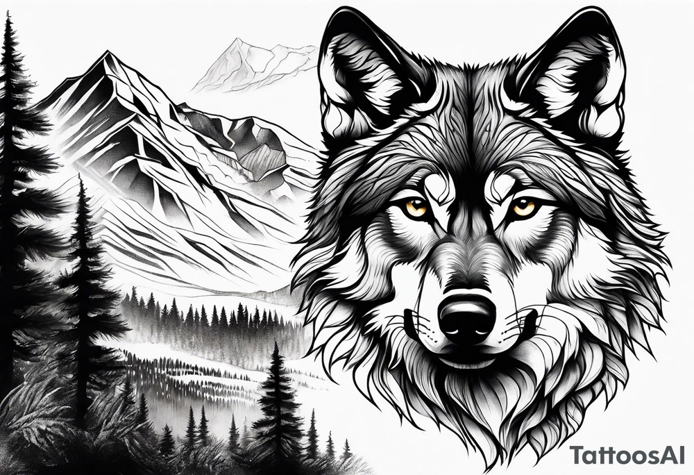 Mountains, wolf eyes underneath tattoo idea