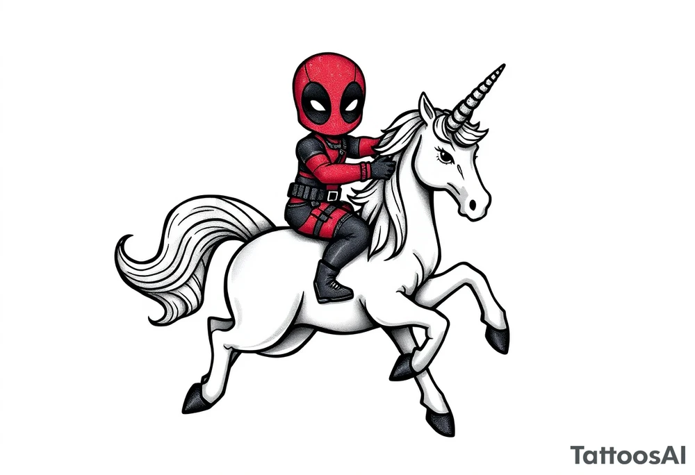 Silly glittery Deadpool riding unicorn tattoo idea
