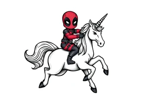 Silly glittery Deadpool riding unicorn tattoo idea