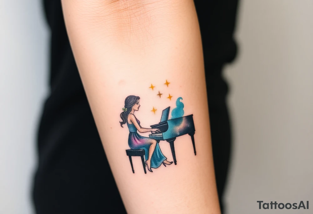 woman playing piano under the stars tattoo idea