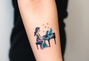 woman playing piano under the stars tattoo idea