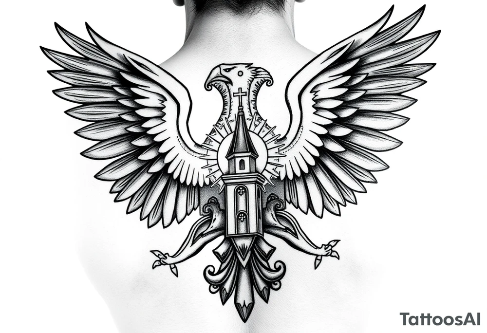an actual russian coat of arms with the eagles wings spanning out on my back neck across my shoulders / traps with a orthodox christian church being visible in a mountainous sun beaming setting, with the russian orthodox cross spire of the orthodox church being visible on my neck with a sun beaming in the background that the cross sits inside tattoo idea