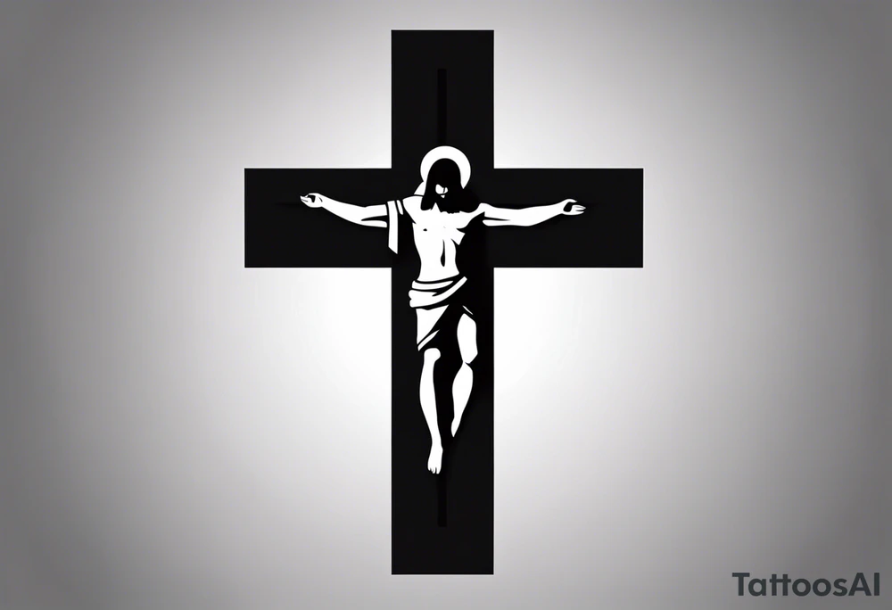 A simple black cross tattoo design with the word 'JESUS' written vertically in the center. The cross should be blocky and bold with sharp edges. The word 'JESUS' should be in uppercase block letters, perfectly aligned within the vertical line of the cross. The design should reflect simplicity and clarity, with strong, clean lines and no additional details or embellishments. tattoo idea