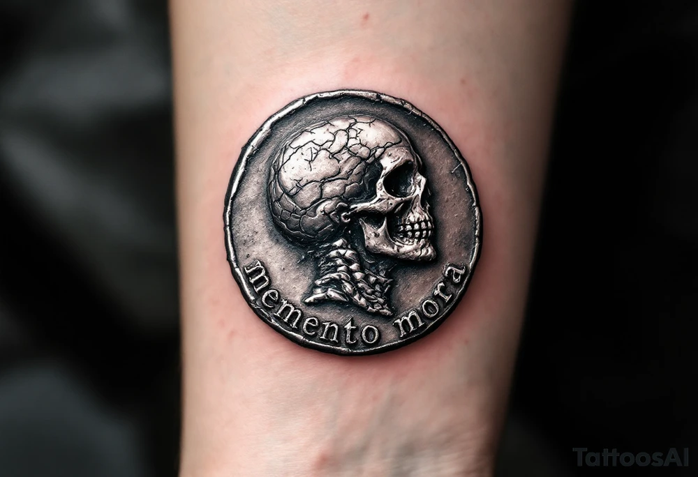 A Roman coin with a skull embossed in silver, the inscription "memento mori" in rough gray Latin lettering beneath it. tattoo idea
