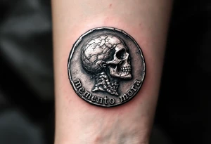 A Roman coin with a skull embossed in silver, the inscription "memento mori" in rough gray Latin lettering beneath it. tattoo idea