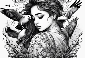 boy crying, being attached by birds tattoo idea