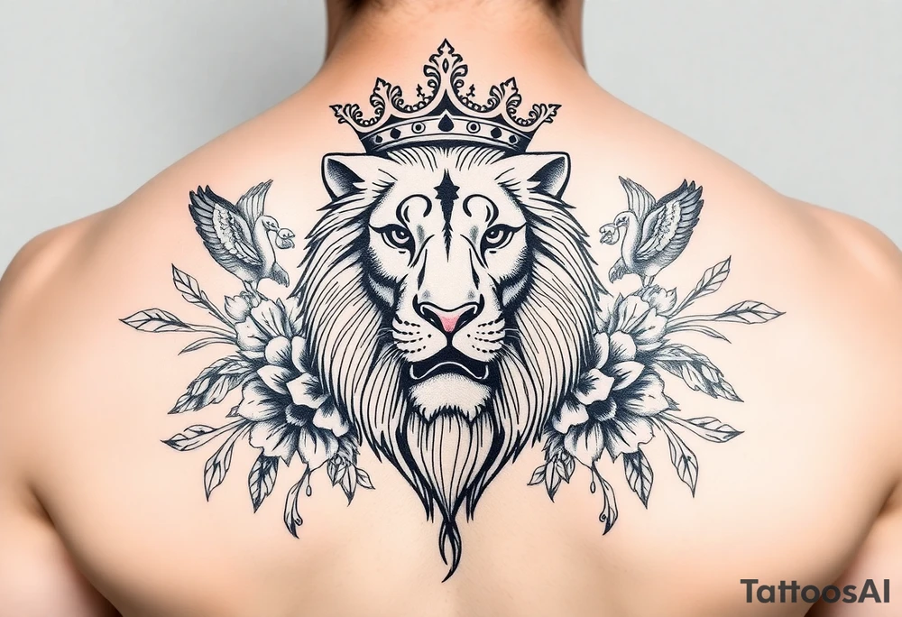 powerful majestic lion with a crown, surrounded by floral ornaments and birds tattoo idea